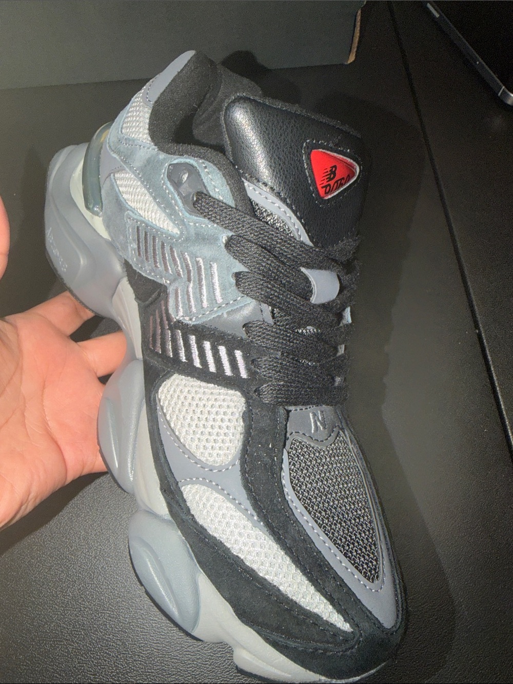 New Balance Men’s Gray & Black Chunky Athletic Sneakers with Red Logo